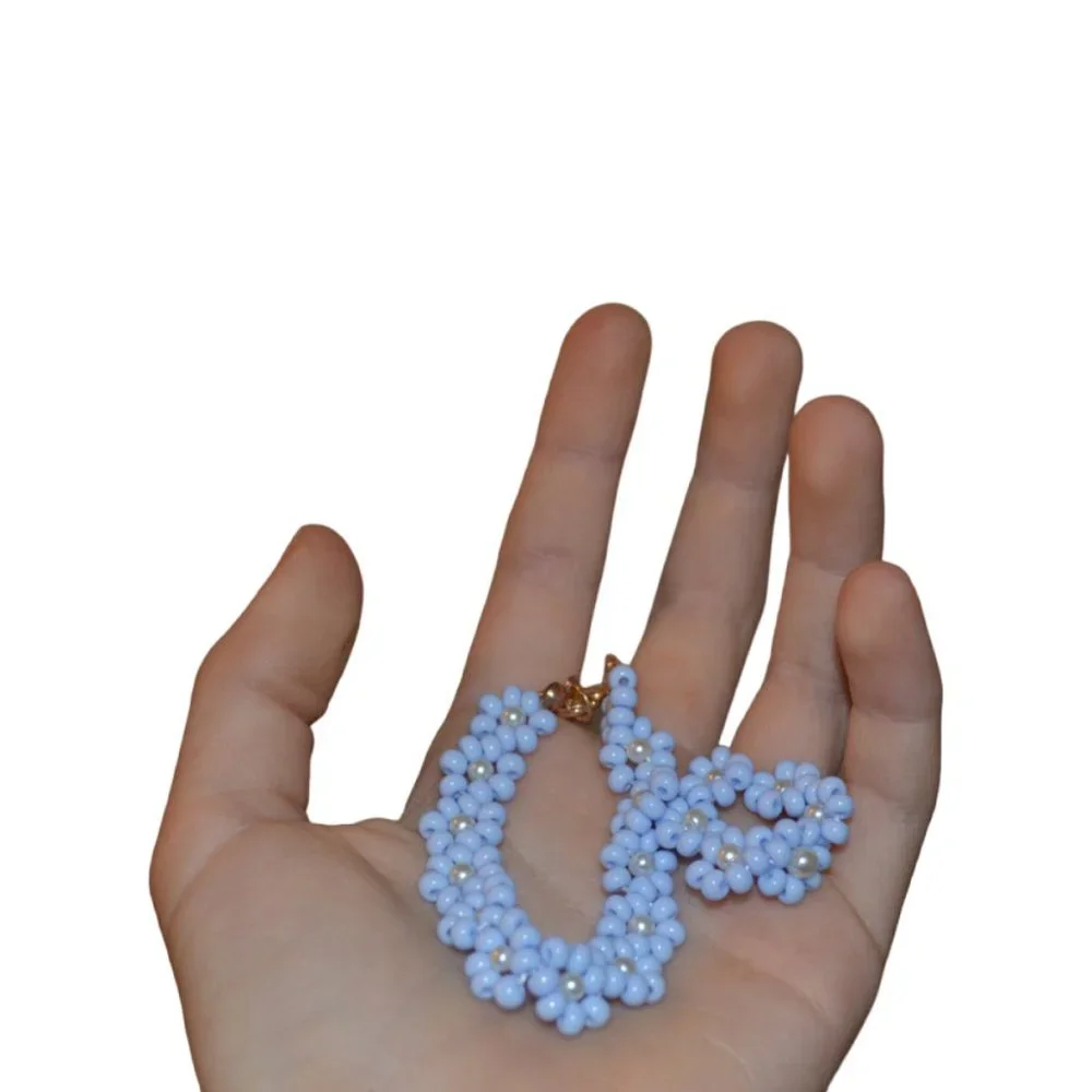 Handmade Set of Bracelet and Ring Girls Purple flower Seed beads Elastic